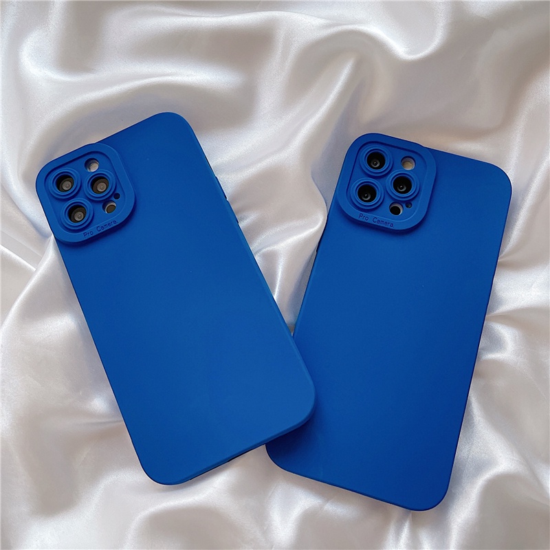 Ốp điện thoại silicon mềm màu xanh dương trơn bảo vệ camera cho iPhone 11 12 13 Pro Max X XS XR 7 8 Plus