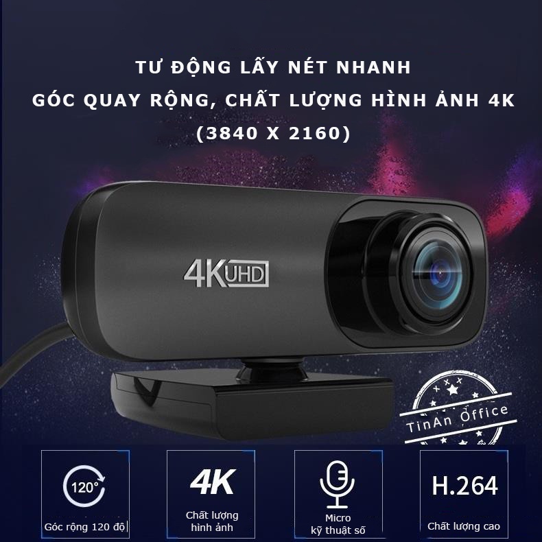 [ 4K 2160P Mic] Webcam Lấy Nét Tự Động, 4K, Camera USB Góc Nhìn Siêu Rộng, Cho Máy Tính, Macbook, Học Online | WebRaoVat - webraovat.net.vn