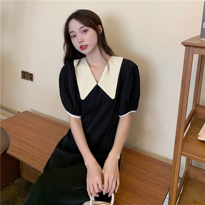 Đầm Tay Phồng Cổ Bẻ Màu Sắc Tương Phản Phong Cách Hàn Quốc Thời Trang Mùa Hè Xinh Xắn Cho Nữ