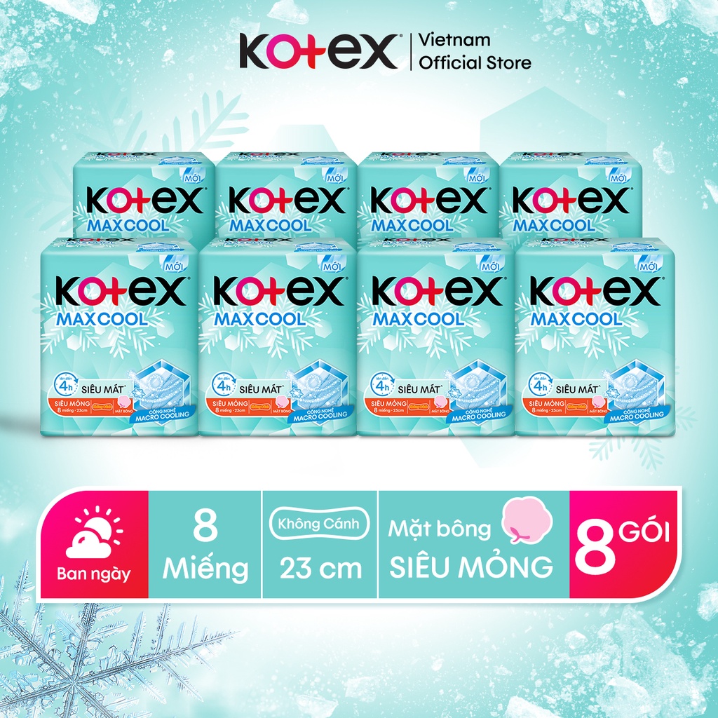 Combo 8 gói băng vệ sinh KOTEX Max Cool Siêu Mỏng Không Cánh 8miếng/gói