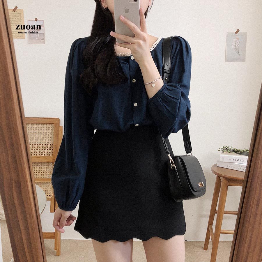 SUXI Áo Sơ Mi Nữ Thiết Kế Tay Dài Màu Trơn Kiểu Hàn Quốc