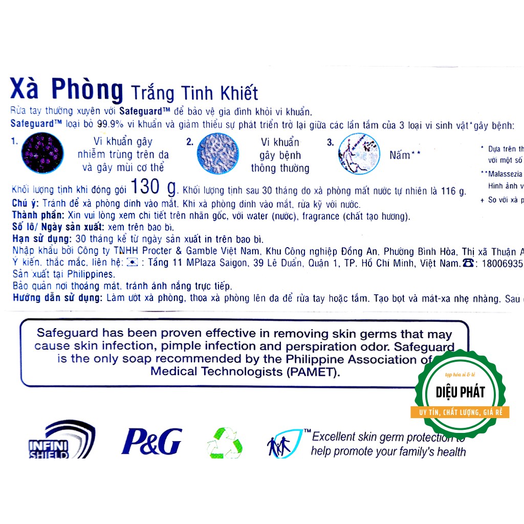 ⚡️ [Combo 3] Xà Phòng, Xà Bông Cục Safeguard Pure White Diệt Khuẩn 130g/Cục