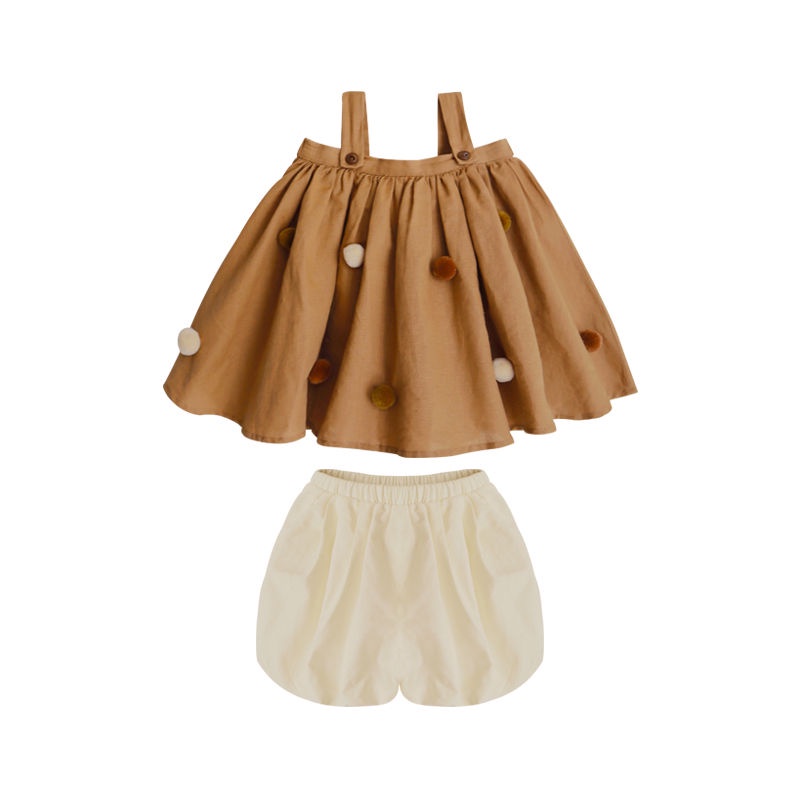 Đầm Hai Dây Mùa Hè Bằng Vải Lanh Và Cotton Có Dây Quả Bóng Đan Tay Mới Cho Bé Gái