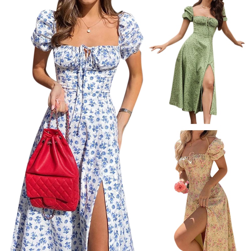 Đầm Midi Dài Dáng Chữ A Tay Ngắn Phồng Cổ Vuông In Hoa Phối Dây Cột Thời Trang Cổ Điển Cho Nữ