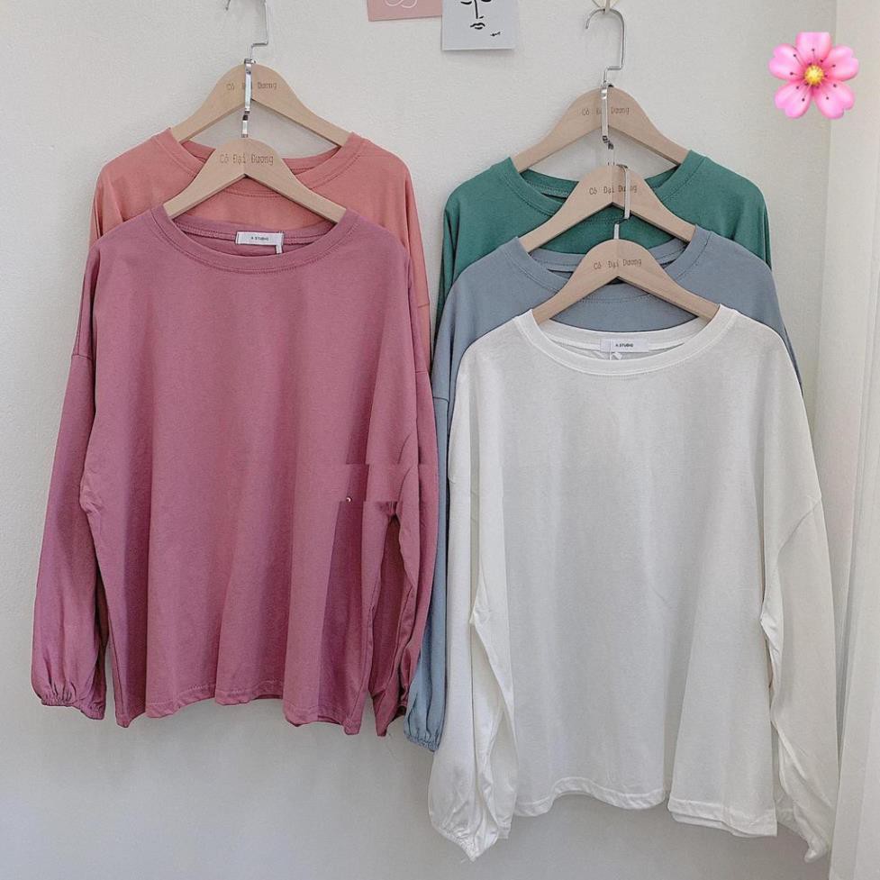 Áo Kiểu bo chun tay phồng nữ - Thun trơn dài tay form rộng phông dáng suông bánh bèo ulzzang hàn quốc HOT ྇