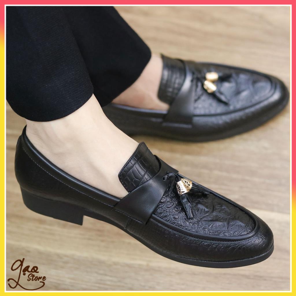 Giày Lười Nam Da Lì Dập Vân Cá Sấu Chuông Vàng