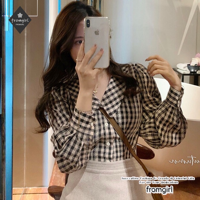 Áo Sơ Mi Nữ Ca Rô Dài Tay Cổ Bẻ Thời Trang Hàn
