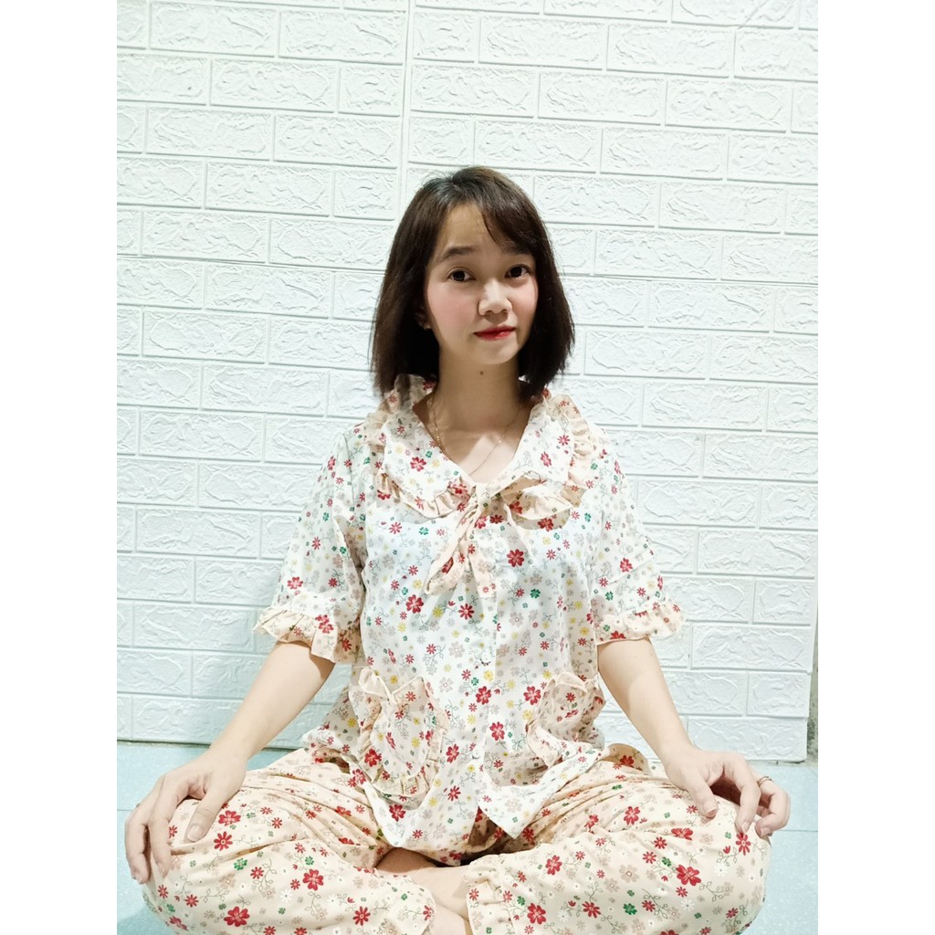 (Hình chụp thật 45-55kg). Bộ mặc nhà tiểu thư pijama lụa hàn tay ngắn quần dài | BigBuy360 - bigbuy360.vn