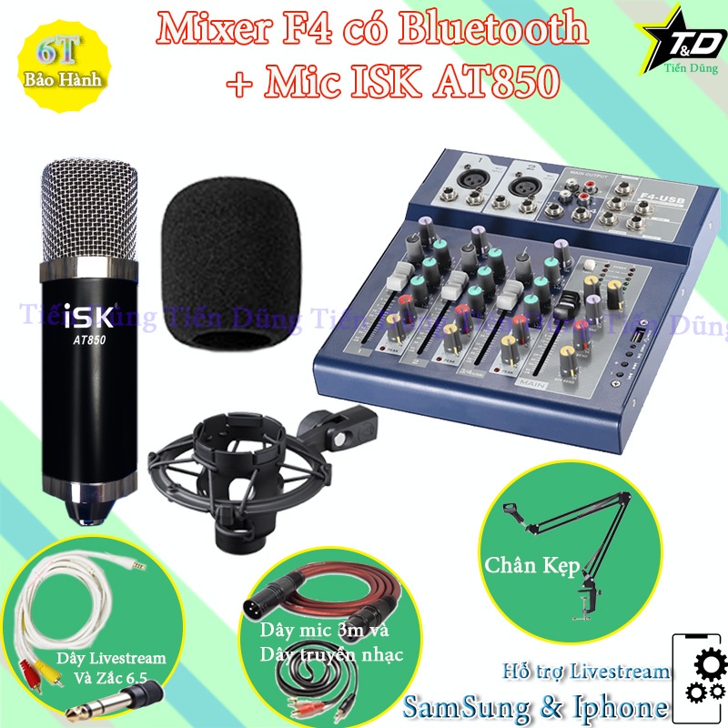 Combo mic thu âm AT850 mixer F4 bản nâng cấp có đèn led hỗ trợ bluetooth chân dây livestream chế xắc 6.5 dây mic dài 3m