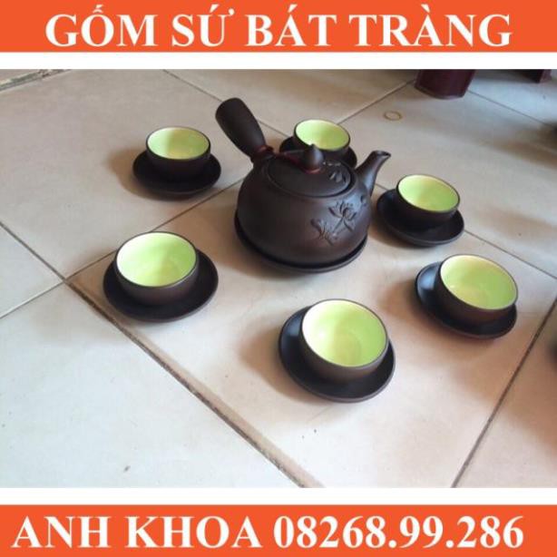 Ấm chén quai ngang đắp nổi hoa sen Bát Tràng - Gốm sứ Bát Tràng Anh Khoa