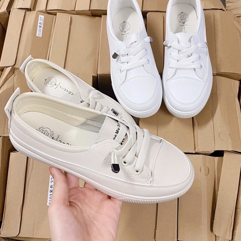 Giày lười buộc dây chất da mềm màu trắng_kem Hot 2021 | BigBuy360 - bigbuy360.vn