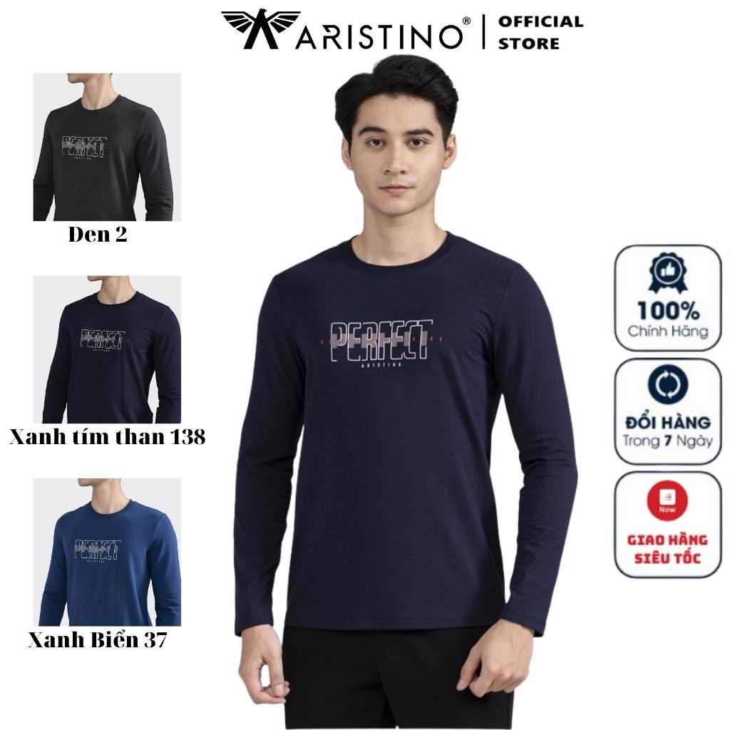 Áo Thun Thu Đông Dài Tay Nam Aristino ALT004W2 Trơn Màu In Chữ Chất Cotton Cao Cấp dáng Regular Fit Cổ Tròn