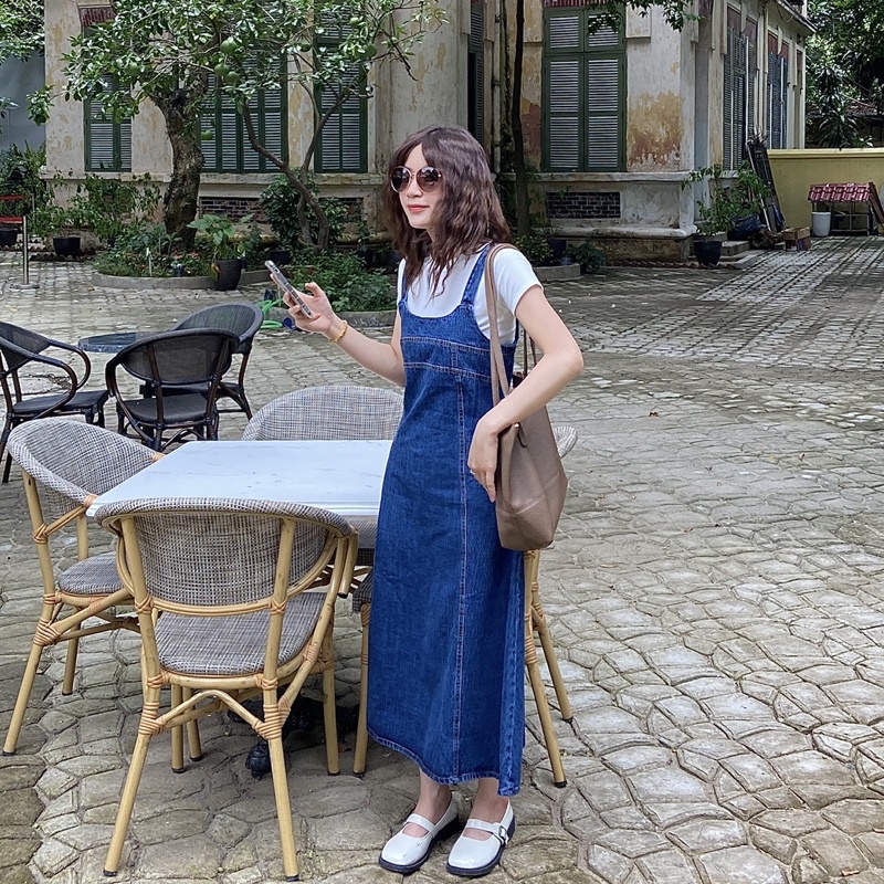 Váy yếm bò dáng dài chữ A váy yếm jeans phong cách Ulzzang | Osaa Daily