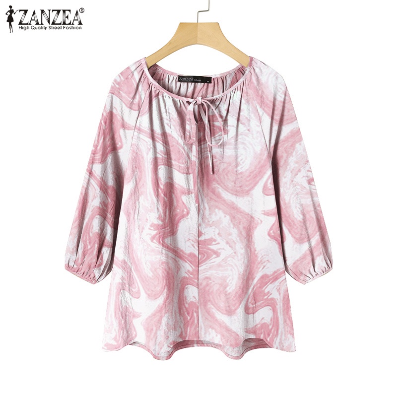 Áo Kiểu ZANZEA Cổ Tròn Tay 3/4 In Họa Tiết Gợn Sóng Cho Nữ