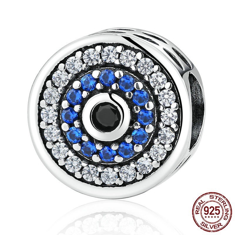 charm pan đính đá tròn xanh trắng bạc s925 cao cấp