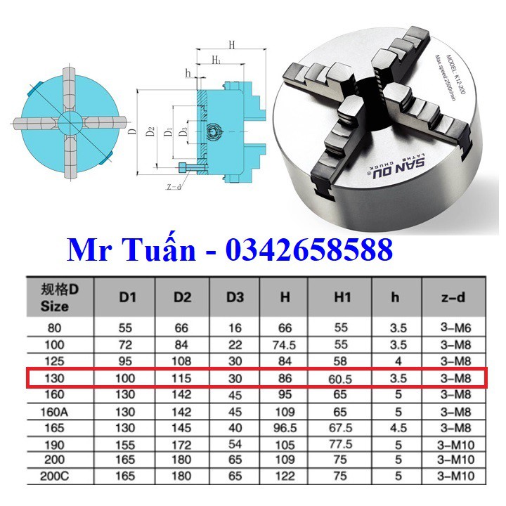 Mâm cặp 4 chấu K12-130 đường kính mâm cặp 130mm