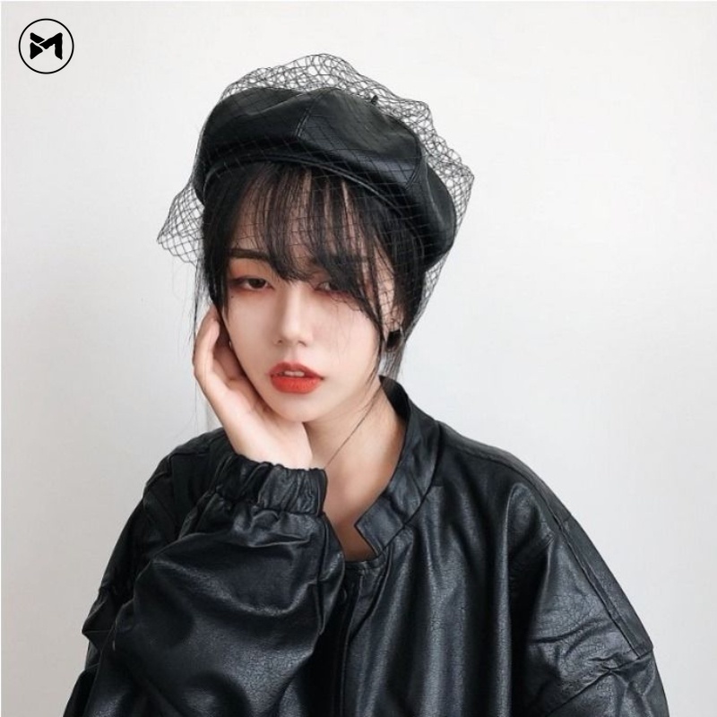 Mũ Beret Da PU Phối Lưới Phong Cách Retro Cho Bạn Gái