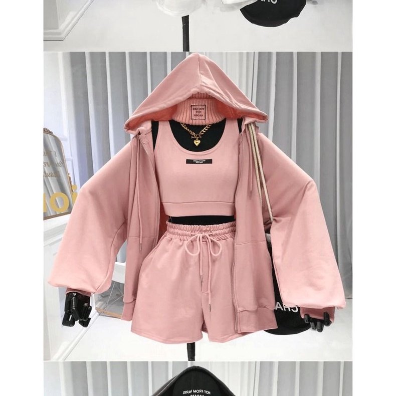 Set Đồ Thể Thao Nữ Gồm Áo Khoác Không Tay + Quần Short + Áo Khoác Có Nón Phong Cách Mới