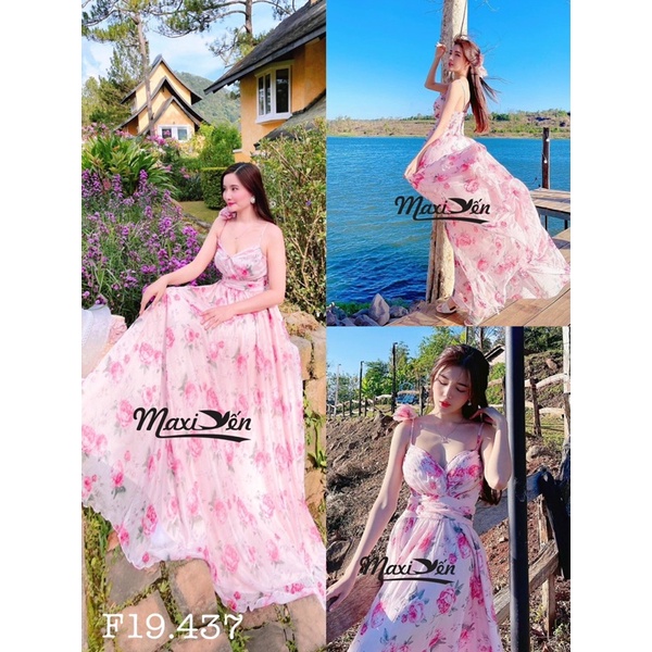 ĐẦM MAXI HOA HỒNG HAI DÂY NƠ HOA VAI VÁY ĐI BIỂN ĐẸP F19.437 Maxi Yến