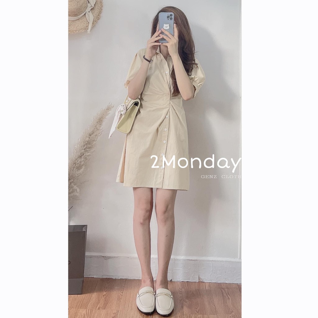 [Ảnh thật/Video]Đầm sơ mi nhúm eo sang chảnh Váy thanh lịch nhẹ nhàng kiểu dáng Hàn Quốc