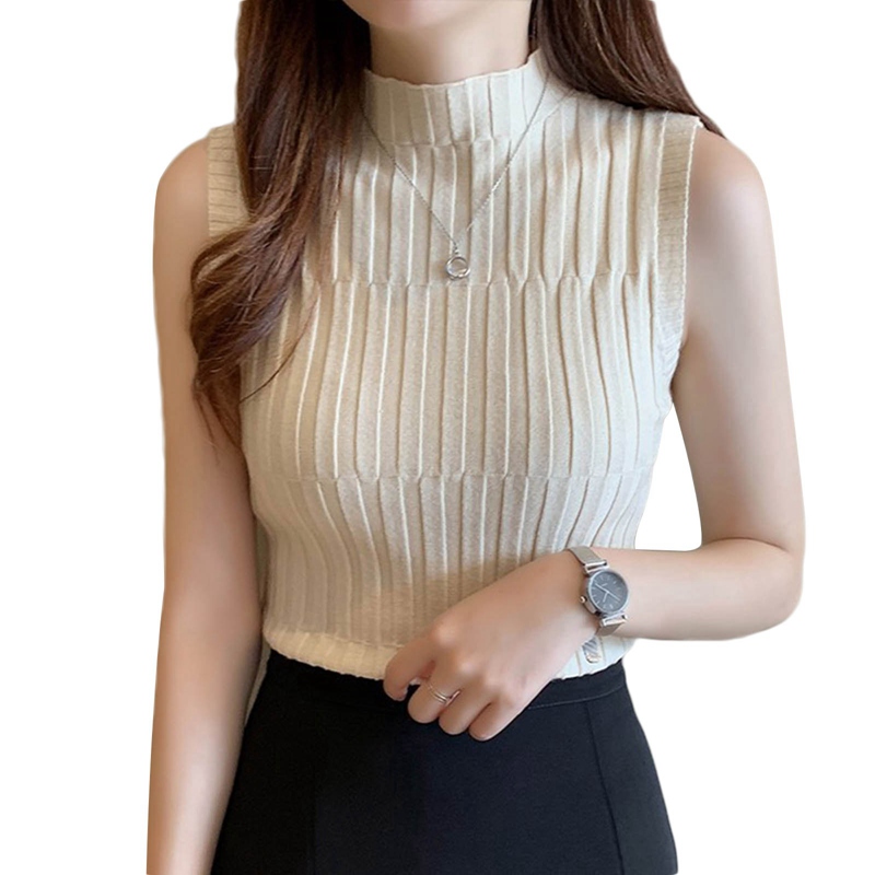 flowersqueen Áo Tank Top Dệt Kim Thiết Kế Cổ Lọ Thanh Lịch