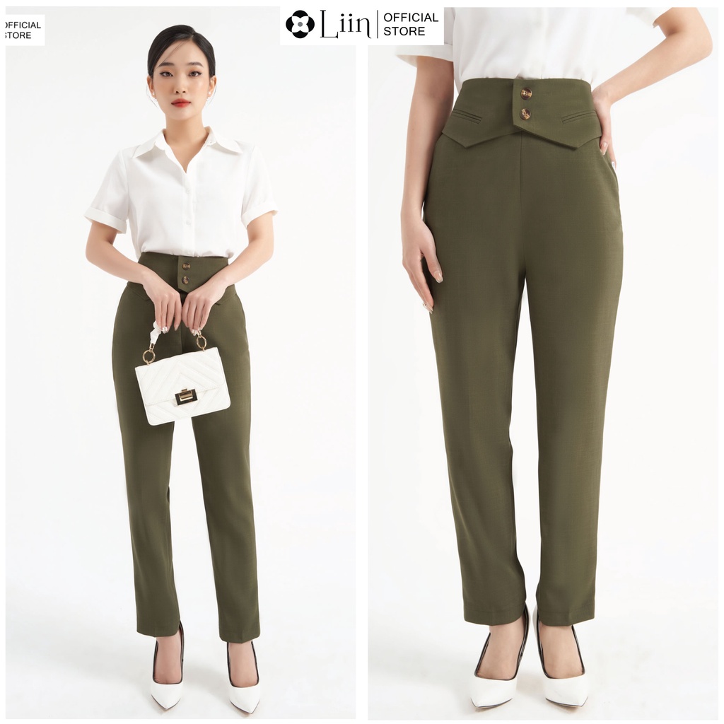 Quần baggy màu Rêu Xước form công sở, cách điệu cạp, khóa sau dễ phối đồ Liin Clothing Q3569