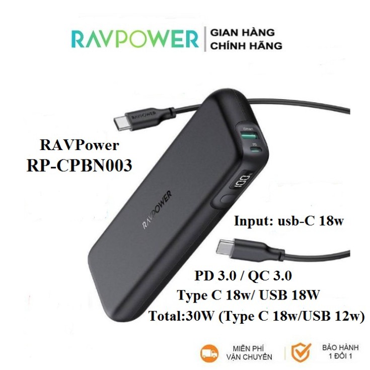 Pin Sạc dự phòng RAVPower 15000mAh PD 30w RP-CPBN003 cho iPhone iPad IP 8 Plus 10 11 12 Pro max x xs samsung Oppo bh24th