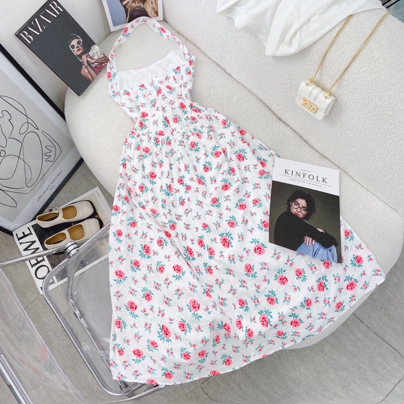 SET ĐẦM HOA CỔ YẾM HỞ LƯNG + ÁO KHOÁC TRẮNG