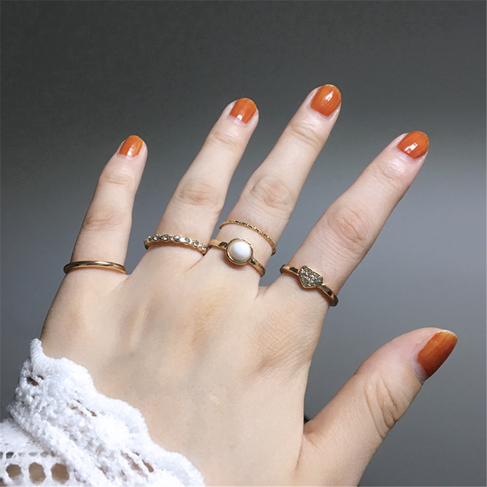 Cod In Stock New Korean 5Pcs Gold Rhinestone Pearl Heart Joint Finger Knuckle Ring Set for Women Girls Jewelry
