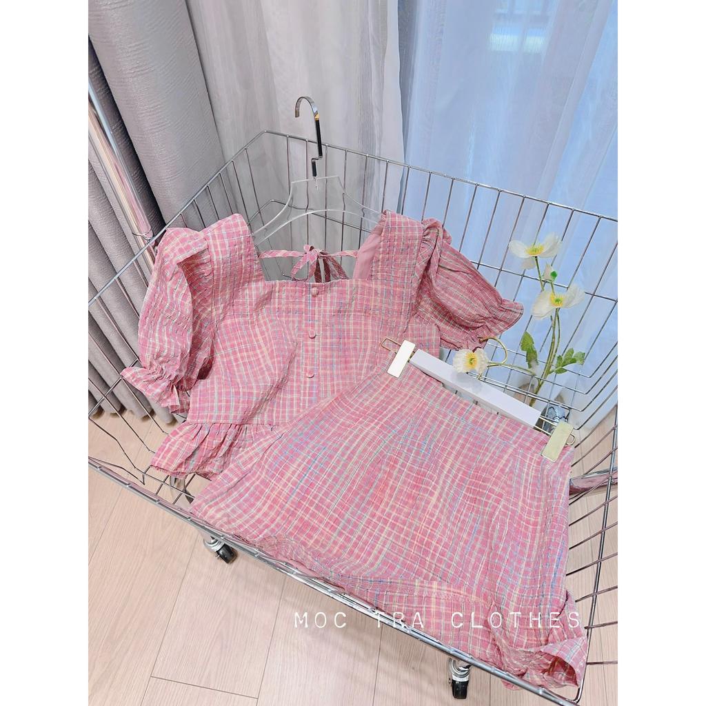 Set áo váy nữ tay bồng Quảng Châu thiết kế áo cổ vuông và chân váy ngắn chữ A siêu xinh