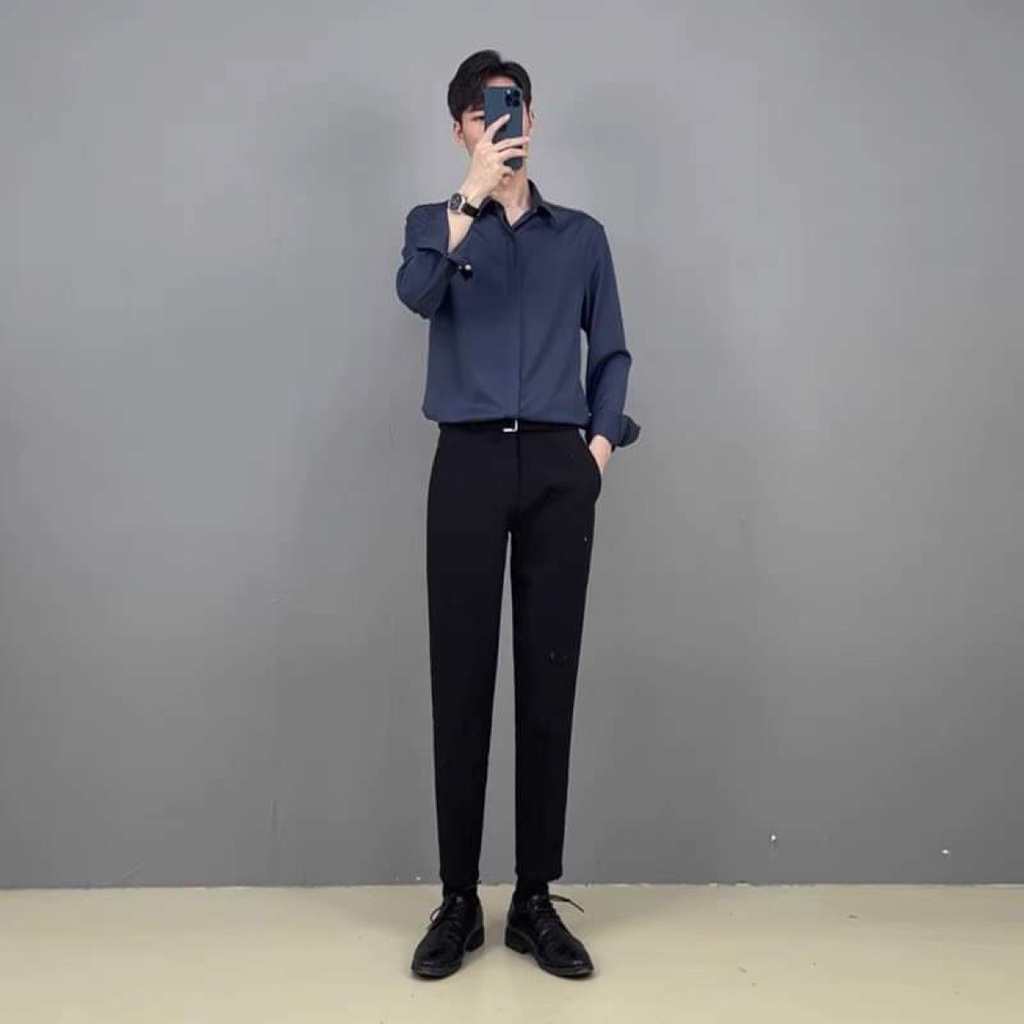 Áo sơ mi nam giấu cúc ,công sở hàn quốc cao cấp, dáng ôm body vải lụa co giãn nhẹ , mặc rất thoải mái