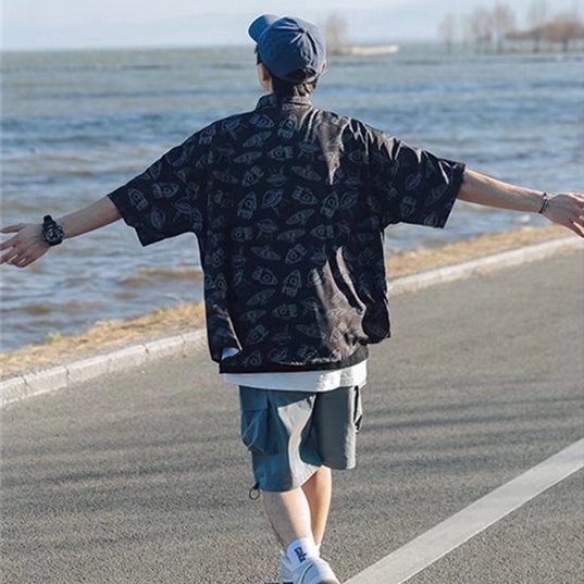 áo sơ mi nam unisex áo sơ mi cộc tay nam lụa trẻ tuổi áo form rộng tiếng Nhật áo đôi nam nữ thời trang retro áo khoác sơ mi nam