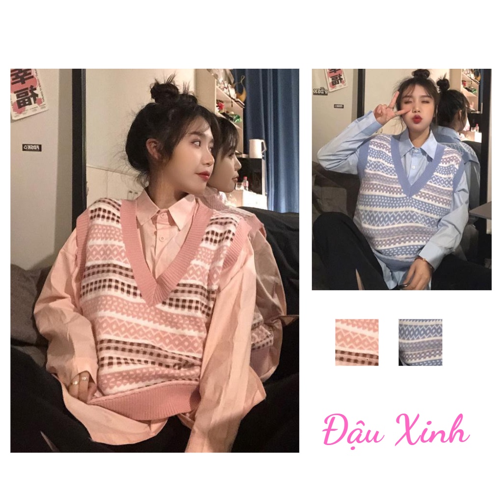 áo gile len nữ hàn quốc ulzzang dáng rộng cổ v thời trang nam nữ họa tiết thổ cẩm- 022