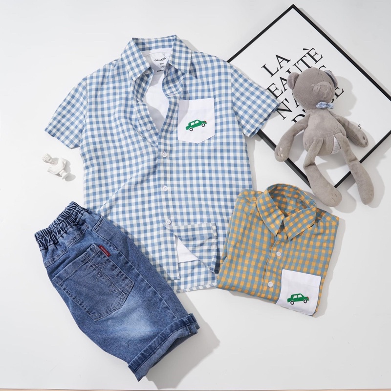 Áo sơ mi kẻ caro cổ bé bé trai, có size đại 55kg người lớn bon chen thoải mái