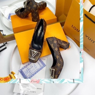 Giày cao Gót lv nữ mũi vuông gót trụ fullbox + bill + túi giấy Giày Đi Chơi