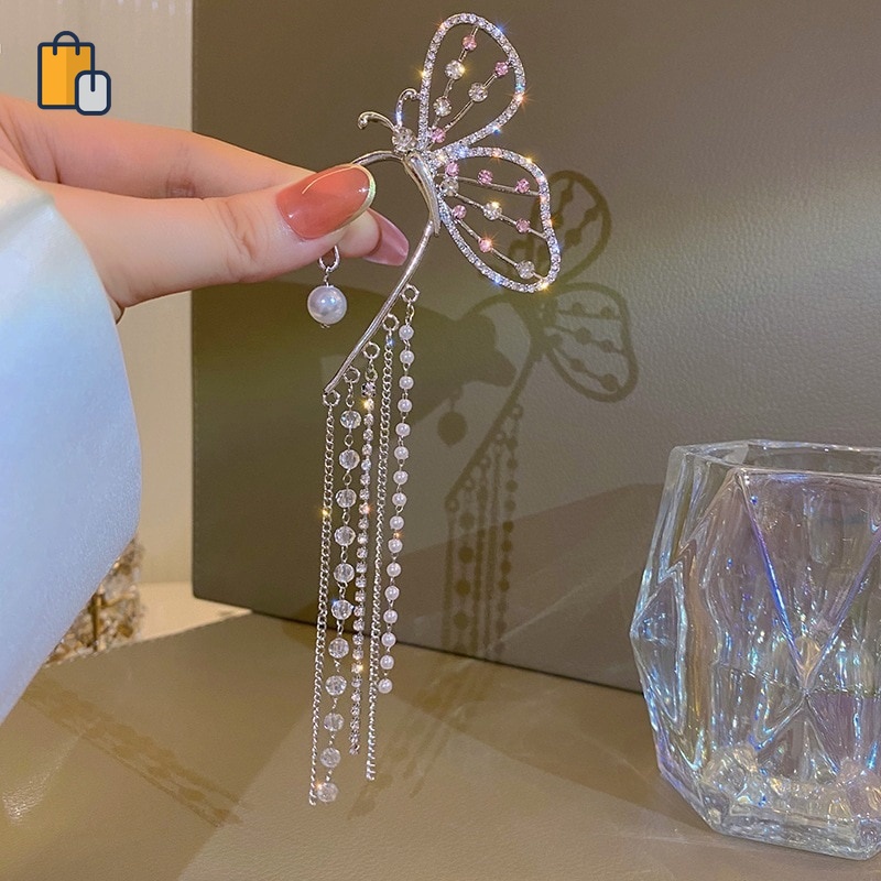 Bông tai dáng dài hình bướm đính đá phối tua rua thời trang cho nữ