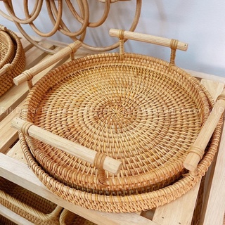 Khay mây guột quai gỗ, khay mây decor