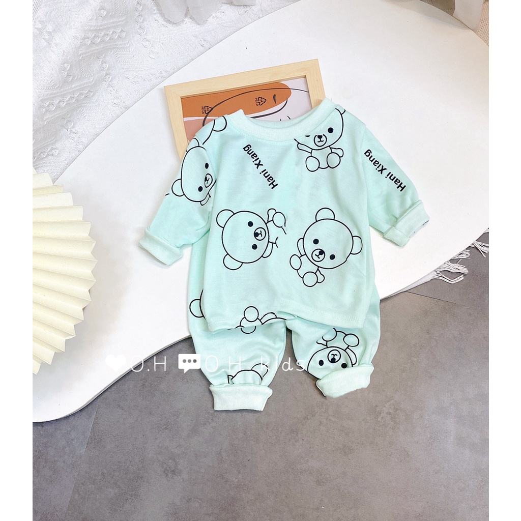 bộ nỉ cotton dài tay hình gấu cho bé cúc cài vai giữa