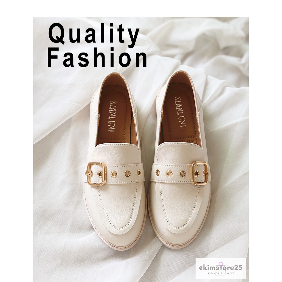 Giày Da Nữ Oxford Kiểu Anh Hai Màu Trắng Đen Mũi Tròn, Giày Lười Loafer Đế Bằng Thời Trang | BigBuy360 - bigbuy360.vn