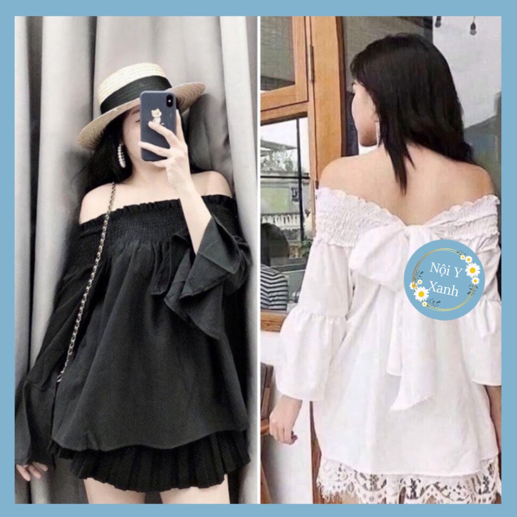 áo trễ vai tay dài, áo bánh bèo trễ vai nơ sau lưng điệu đà năng động cho bán gái, chất đẹp rẻ