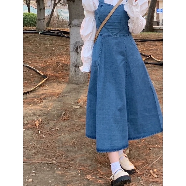 Váy yếm jeans hai dây denim phong cách trẻ trung năng động dáng chữ A