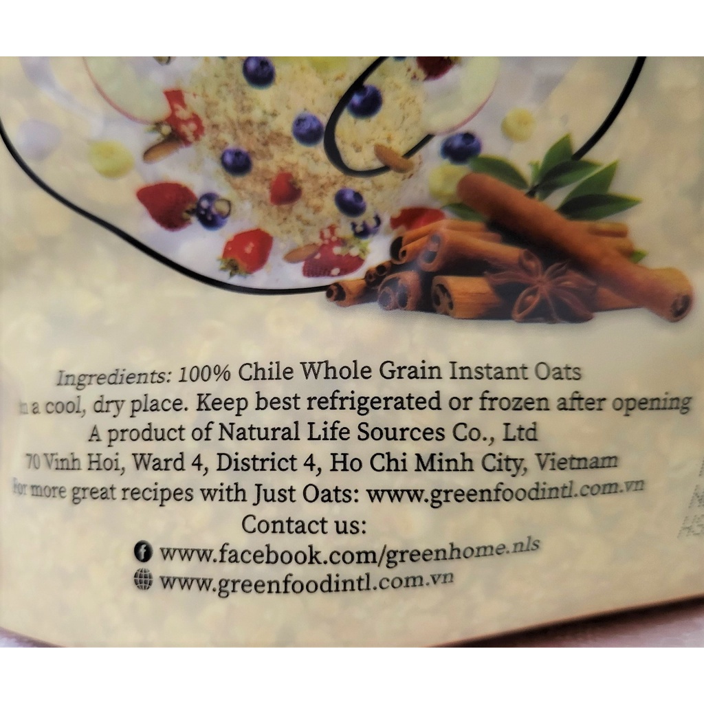[TÚI LỚN 907g – EXTRA THIN] YẾN MẠCH NGUYÊN CHẤT ĂN LIỀN (cán mỏng) Just Oats [Chile] GREEN FOOD Whole Grain Instant Oat