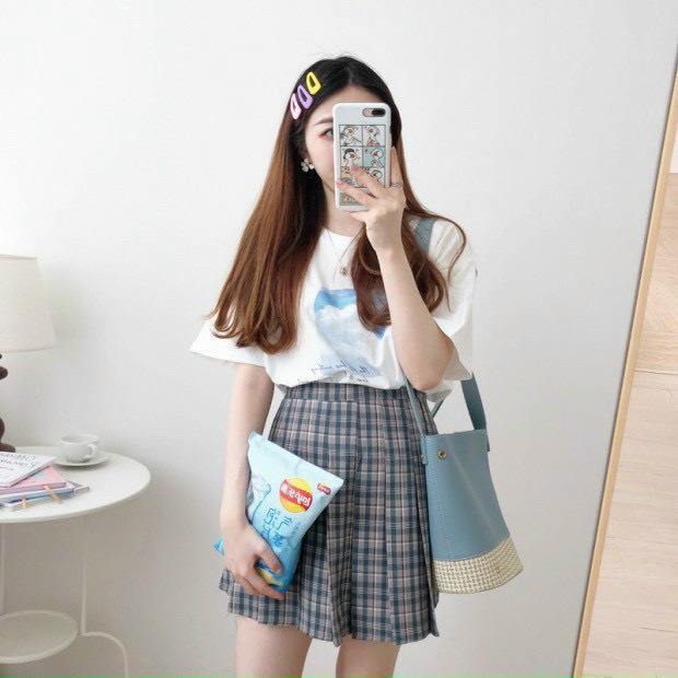 Set váy nữ,set áo thun cotton phối chân váy kẻ caro kèm lót quần