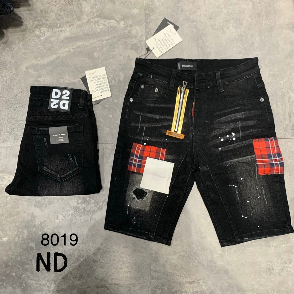 Quần bò ngố nam khóa lệch pha vá DSQ2,chất jean co giãn nhẹ màu đen có đủ sz 470-70kg,quần short jean nam hot trend 2001