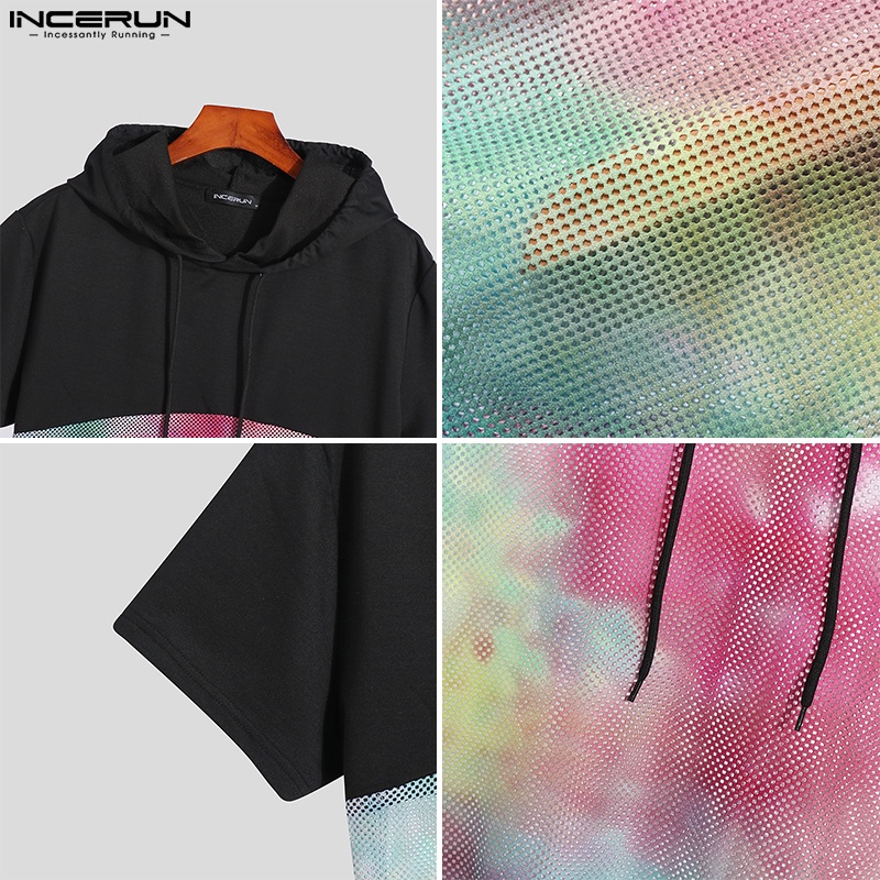 INCERUN Áo Hoodie Ngắn Tay Nhuộm Màu Phối Màu Thời Trang Cho Nam