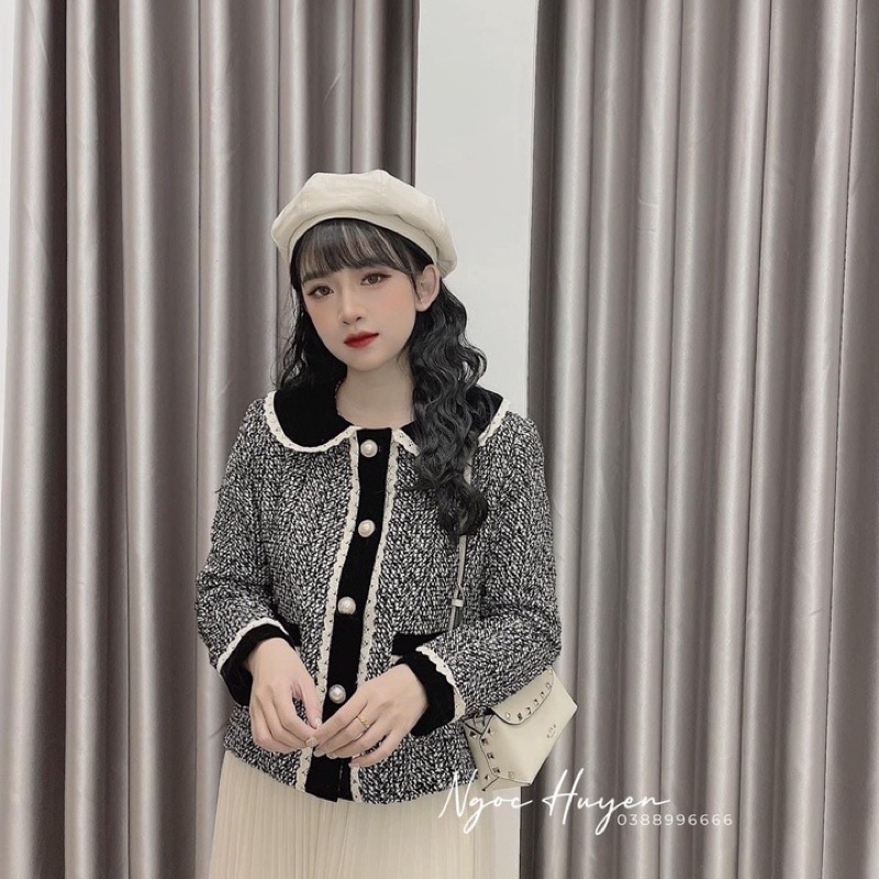 Áo Khoác Dạ Tweed Cổ Nhung Viền Ren Tiểu Thư Hàng 2 Lớp (Ảnh Thật) Áo Khoác Dạ Tweed Xinh xắn