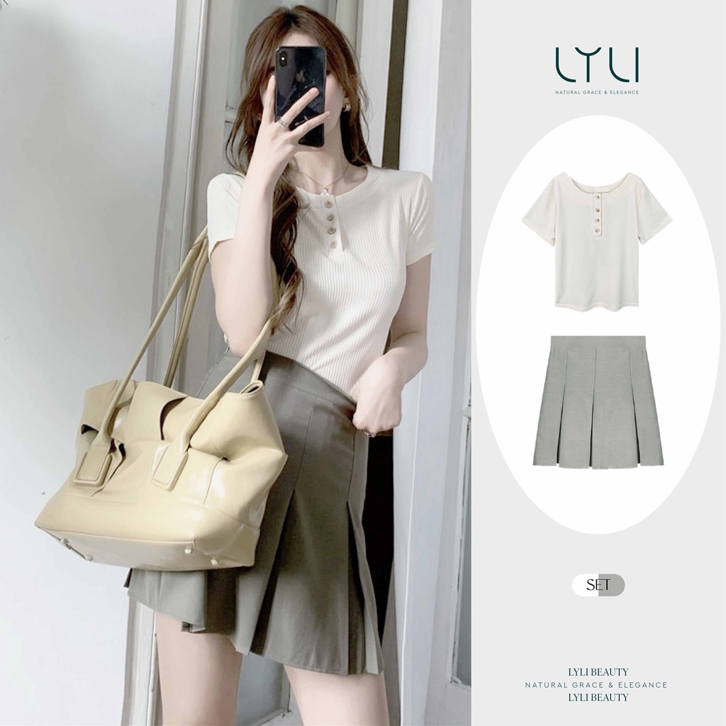 Set đồ 2 món Áo thun croptop ngắn tay ôm sát - Chân Váy tennis chất Kaki xếp ly Lylibeauty chất áo cotton co giãn TL30