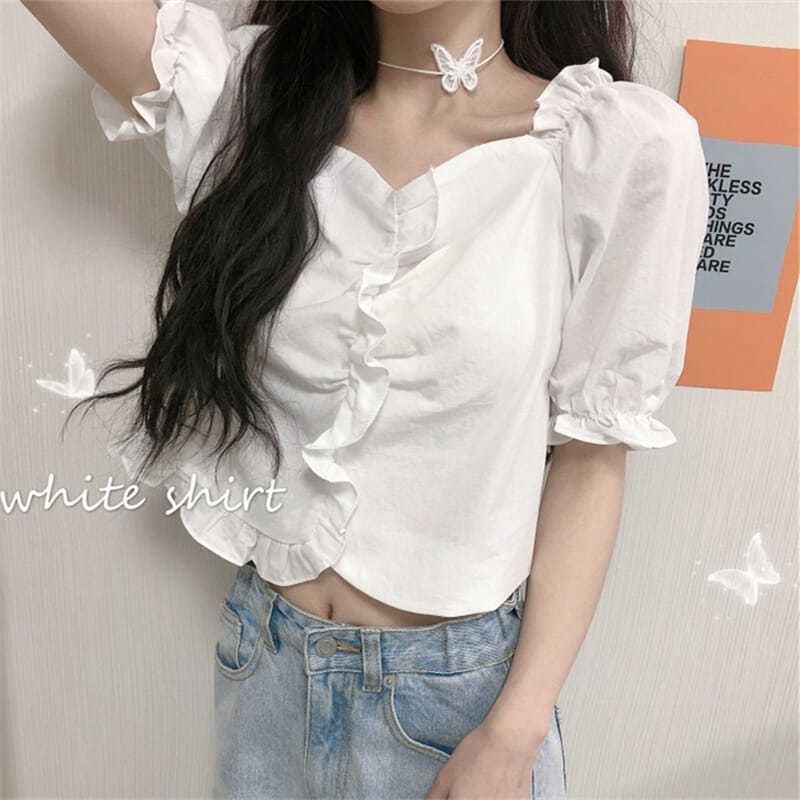 Áo Sơ Mi Trắng Tay Ngắn Cổ Vuông Lộ Xương Quai Xanh Phong Cách Hàn Quốc Đơn Giản Thời Trang Mới Cho Nữ