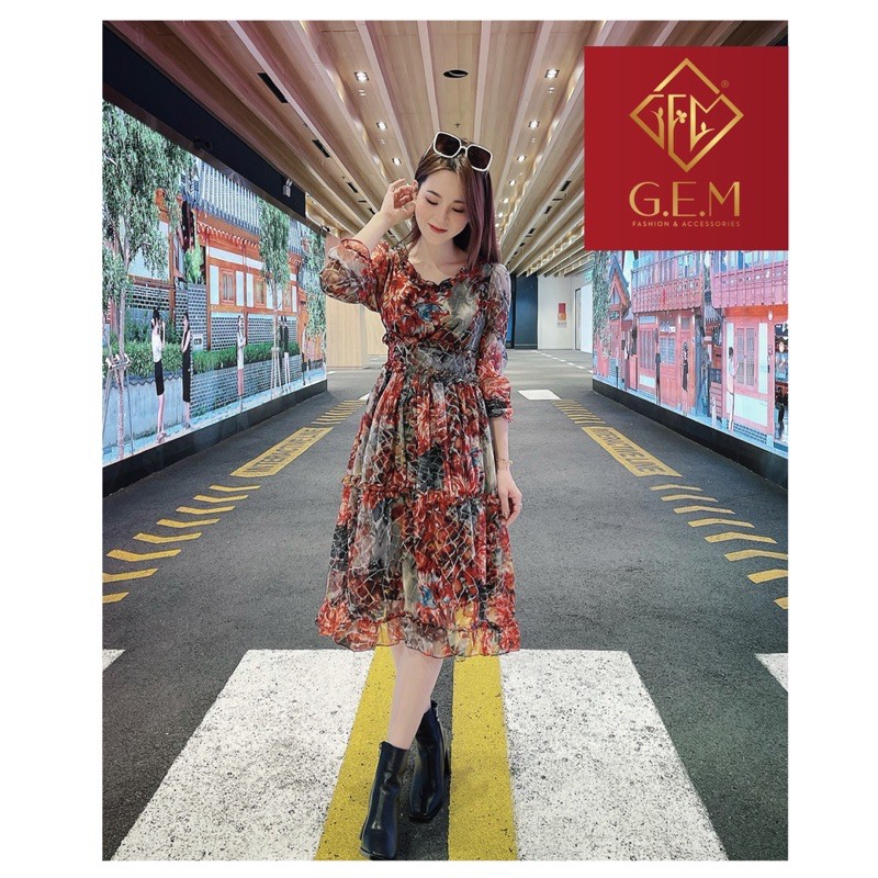 Đầm xoè nữ GEM1933 - váy thiết kế đẹp chất vải chiffon mát có lớp lót tôn dáng che bụng mỡ hiệu quả - GEM Fashion