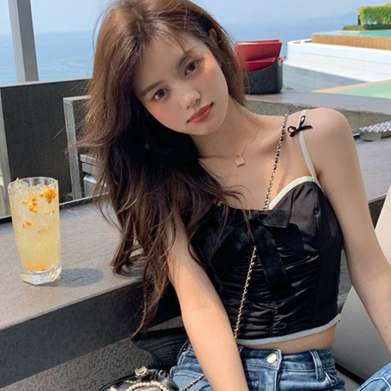 Áo Croptop Hai Dây Cổ Chữ V Thắt Nơ Màu Sắc Tương Phản Chất Liệu Nhung Thời Trang Mùa Hè Cho Nữ